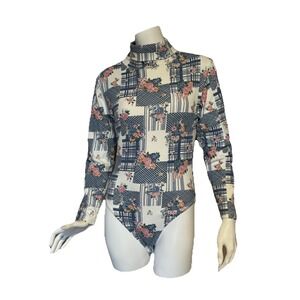VTG Floral Turtleneck Bodysuit Patchwork Print Cottage Women's Size Small Cotton